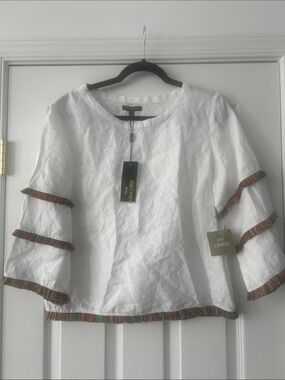 For Cynthia White 100% Linen Top with Multicolor Fringe Trim
